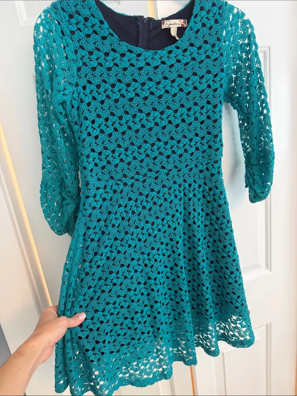 Speechless Teal Crochet Lace Fit & Flare Dress with Three-Quarter Sleeves